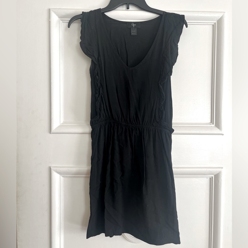 Aqua Bloomingdale’s brand black mini dress with ruffle detail size SMALL